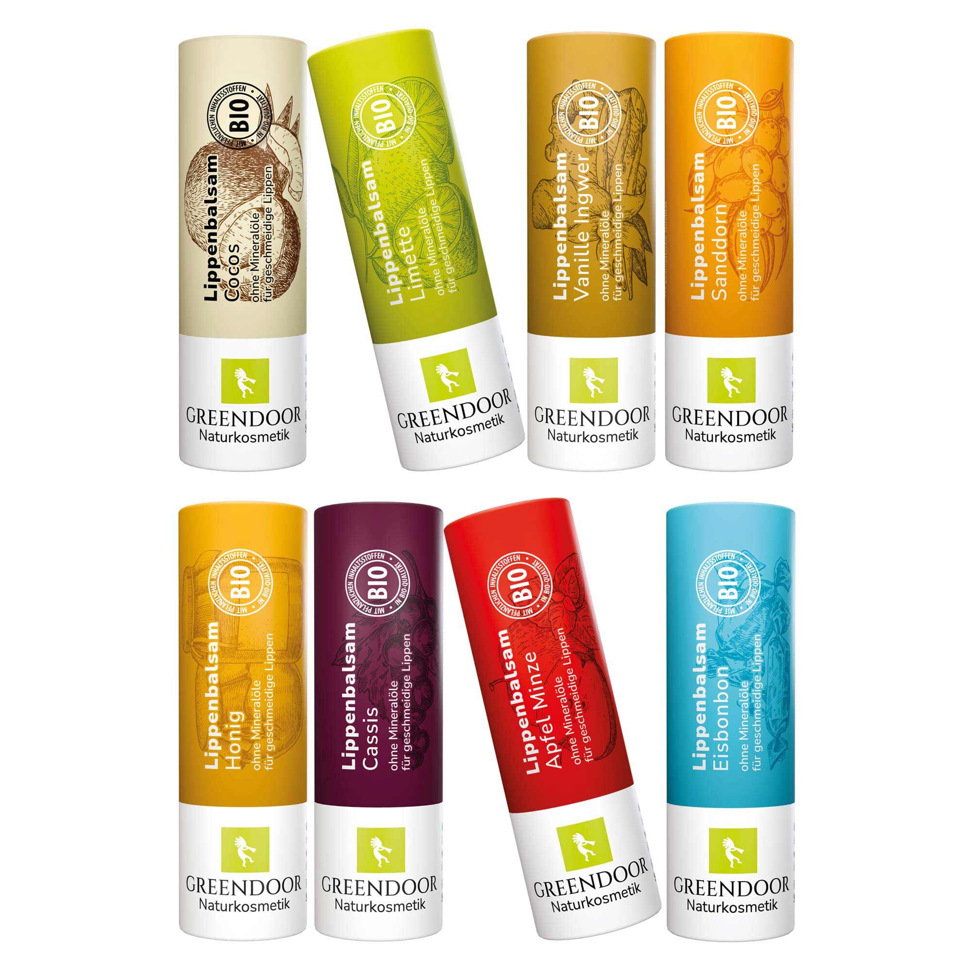 Acht Lippenbalsame in den Sorten Cocos, Limette, Vanille Ingwer, Sanddorn, Honig, Cassis, Apfel Minze und Eisbonbon