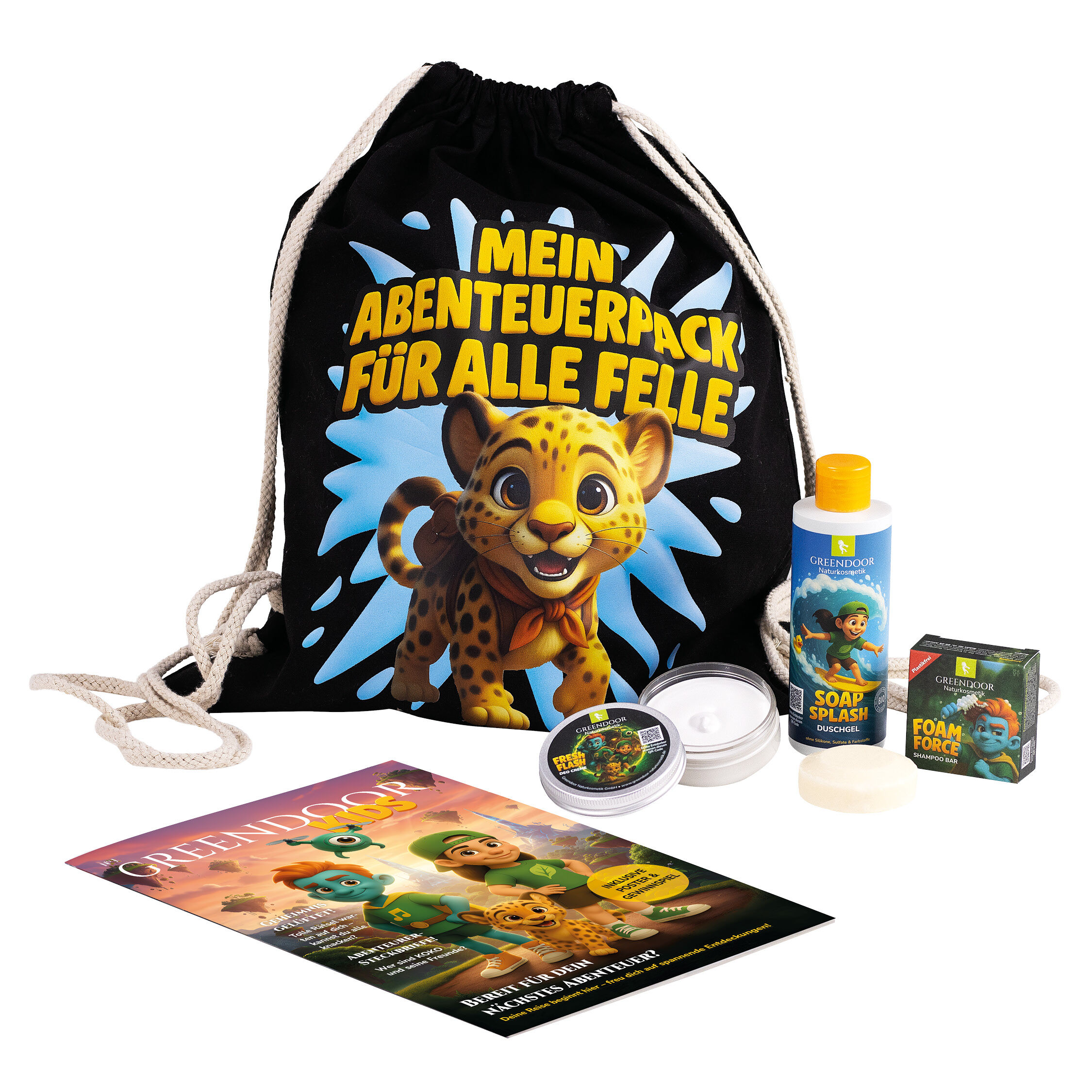 Abenteuerpack für Kinder mit Seife und Shampoo Kinder-Rucksack-Set mit Duschgel, Seife und Magazin