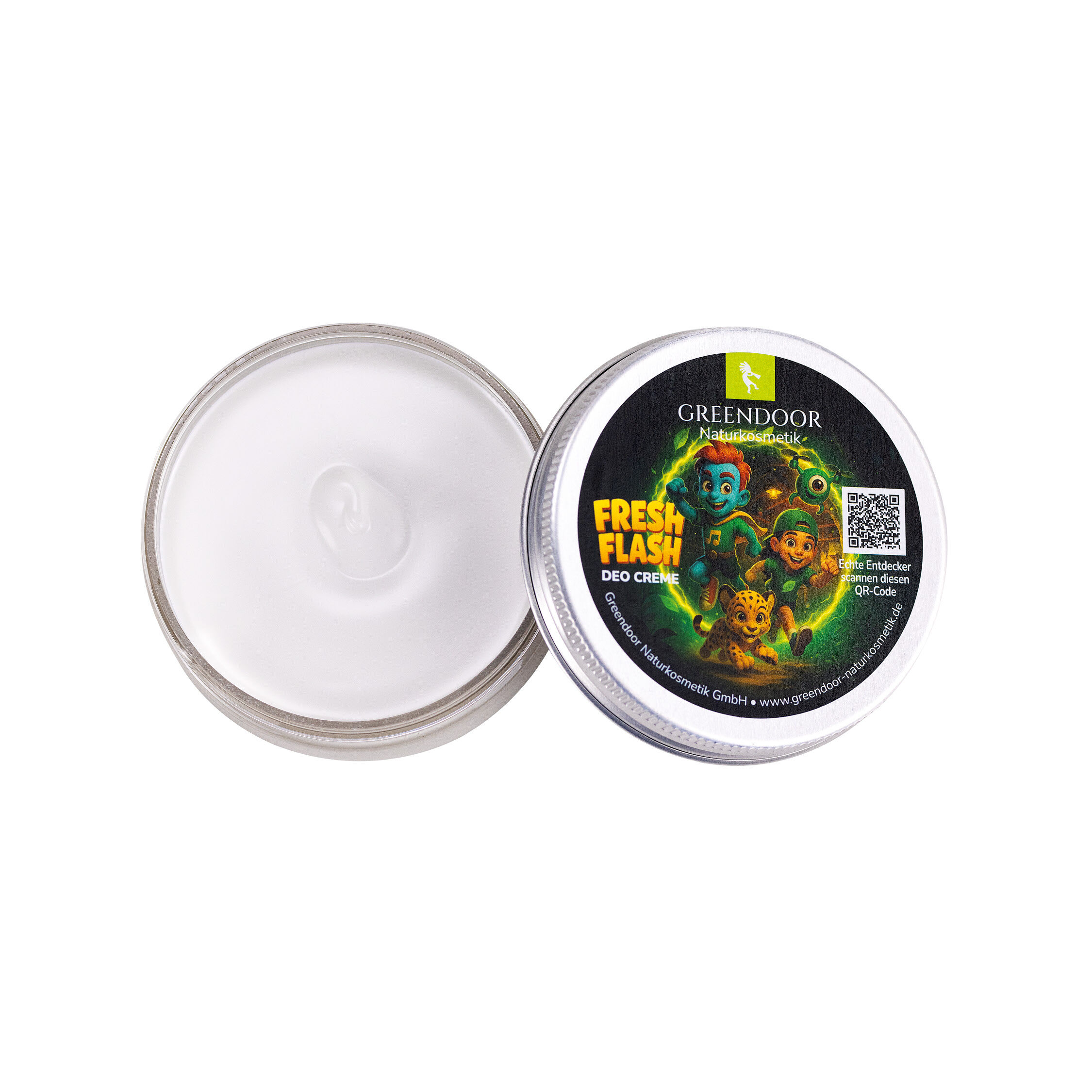Greendoor Naturkosmetik Fresh Flash Deo Creme - Frische und Schutz Greendoor Naturkosmetik Fresh Flash Deo Creme mit geöffnetem Deckel, zeigt die weiße Creme in der Dose