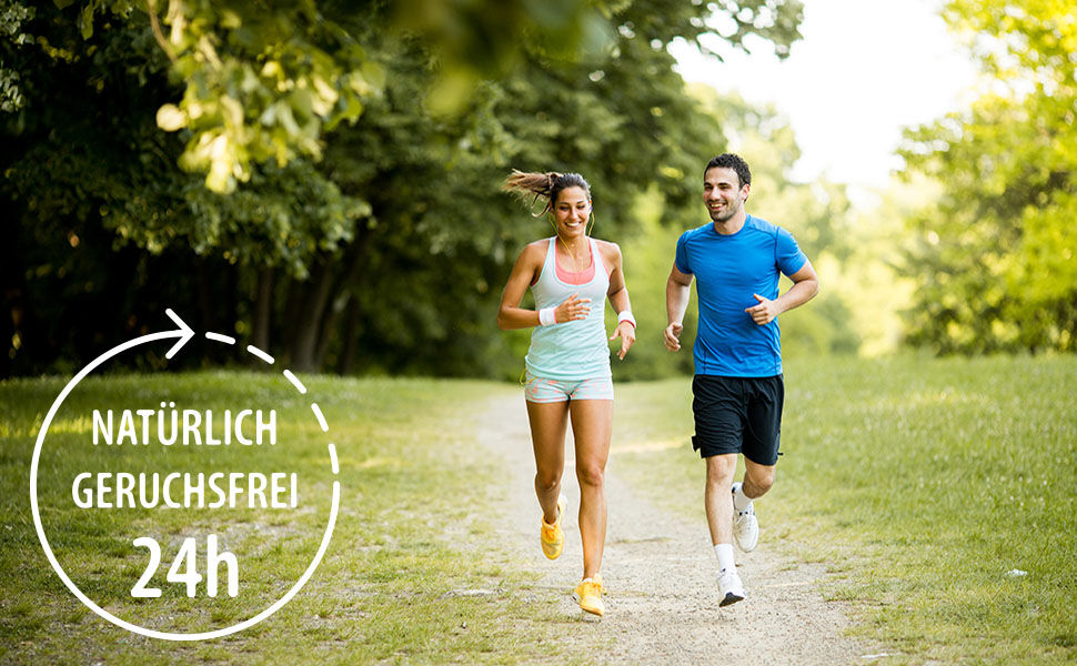 970_600_young-couple-running_24h Fröhliches joggendes Paar mit einem Hinweis 24 Stunden natürlich geruchsfrei