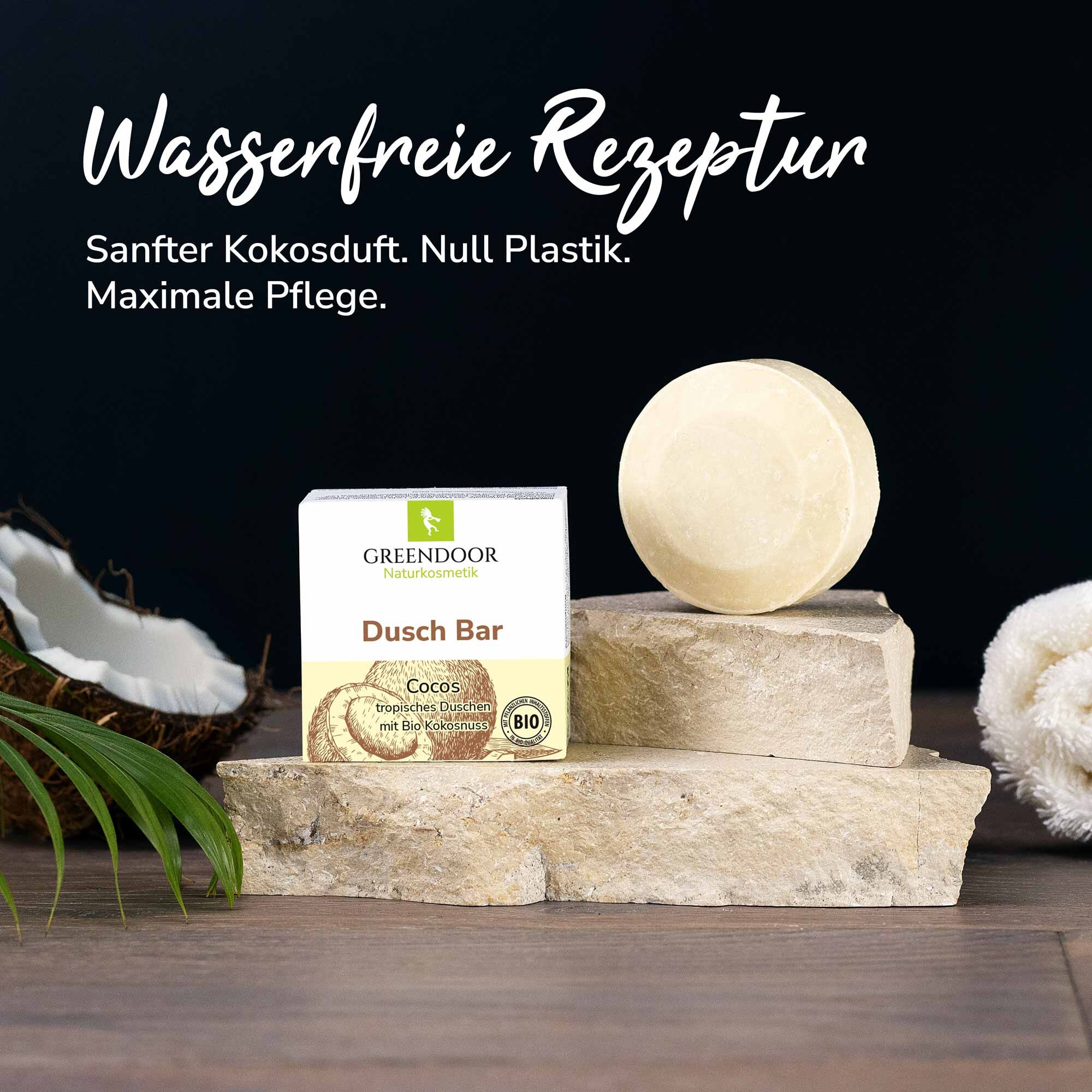 Dusch Bar Cocos. Wasserfreie Rezeptur. Sanfter Kokosduft. Null Plastik. Maximale Pflege