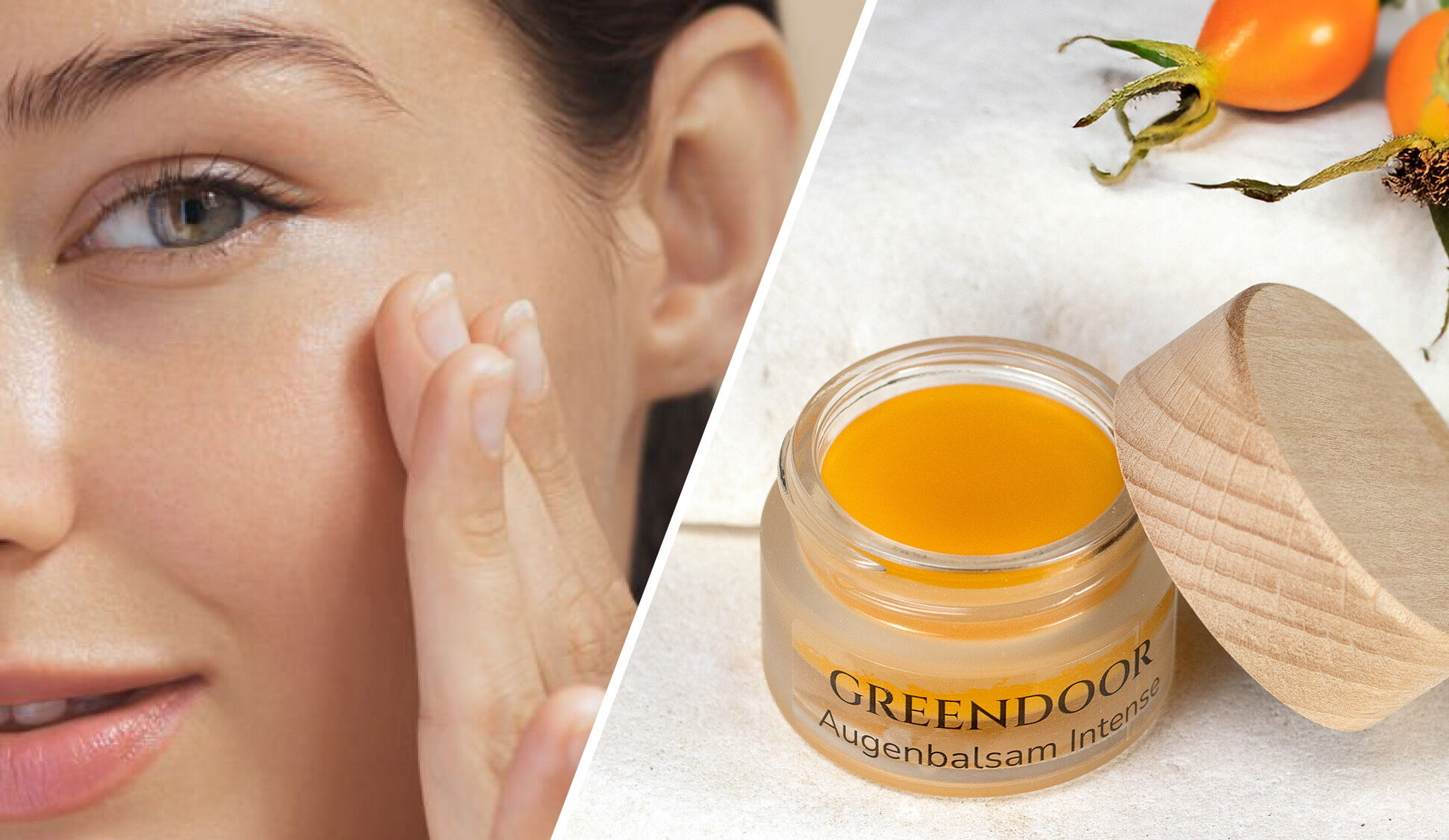 Junge Frau pflegt ihre Gesichtshaut, rechts daneben ein offener Tiegel Greendoor Augenbalsam