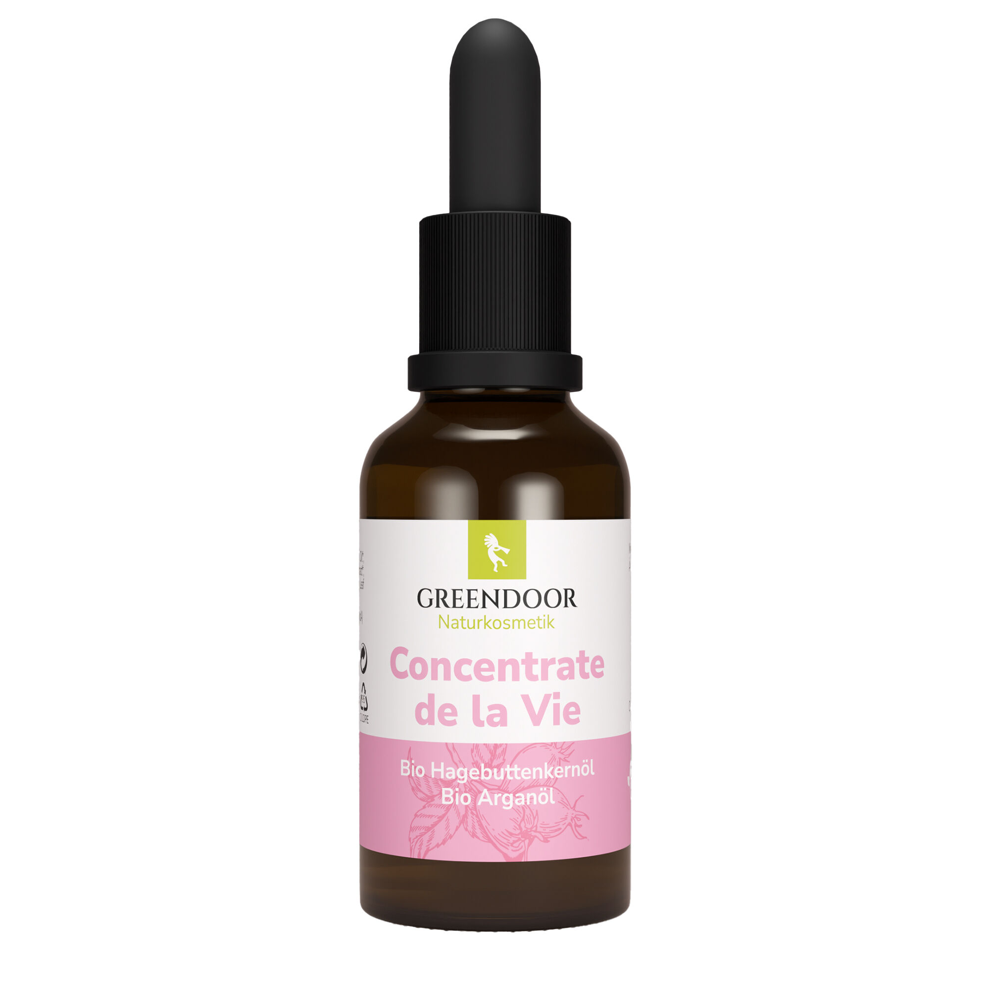 Greendoor Concentrate de la Vie mit Bio Hagebuttenkernöl und Bio Arganöl Braunglasflasche mit Pipette, Greendoor Concentrate de la Vie, naturkosmetisches Gesichtsöl mit Bio Hagebuttenkernöl und Bio Arganöl