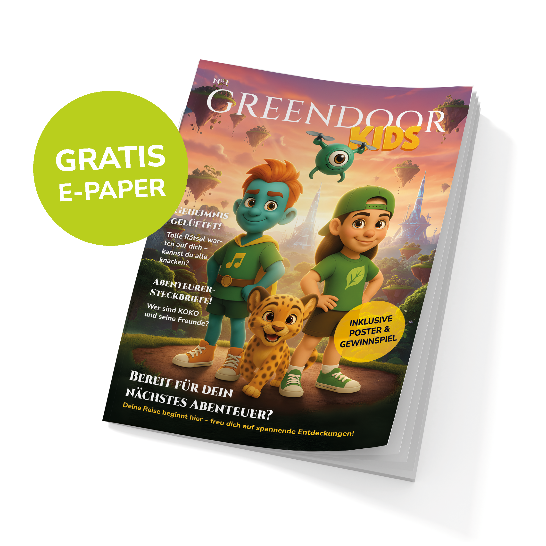 Cover des Greendoor Kids Magazins mit Abenteuergeschichten und Rätseln für Kinder, inklusive Poster und Gewinnspiel