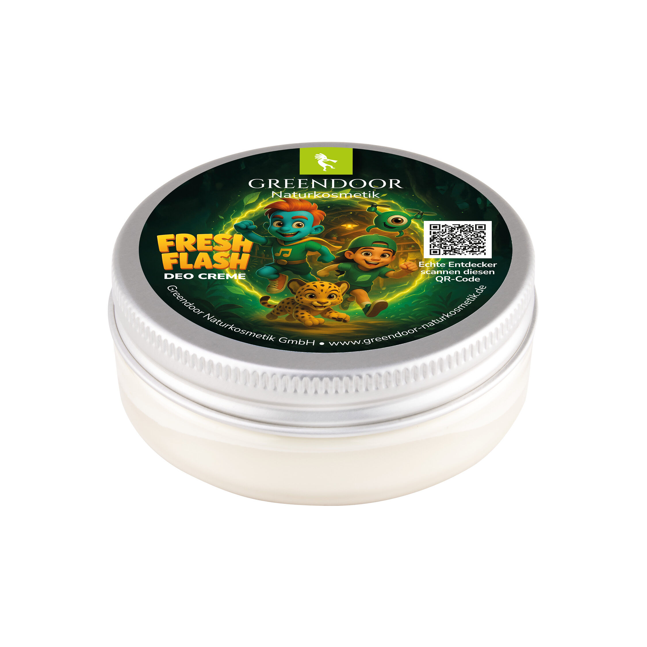 Greendoor Naturkosmetik Fresh Flash Deo Creme im runden Tiegel mit kindgerechtem Design