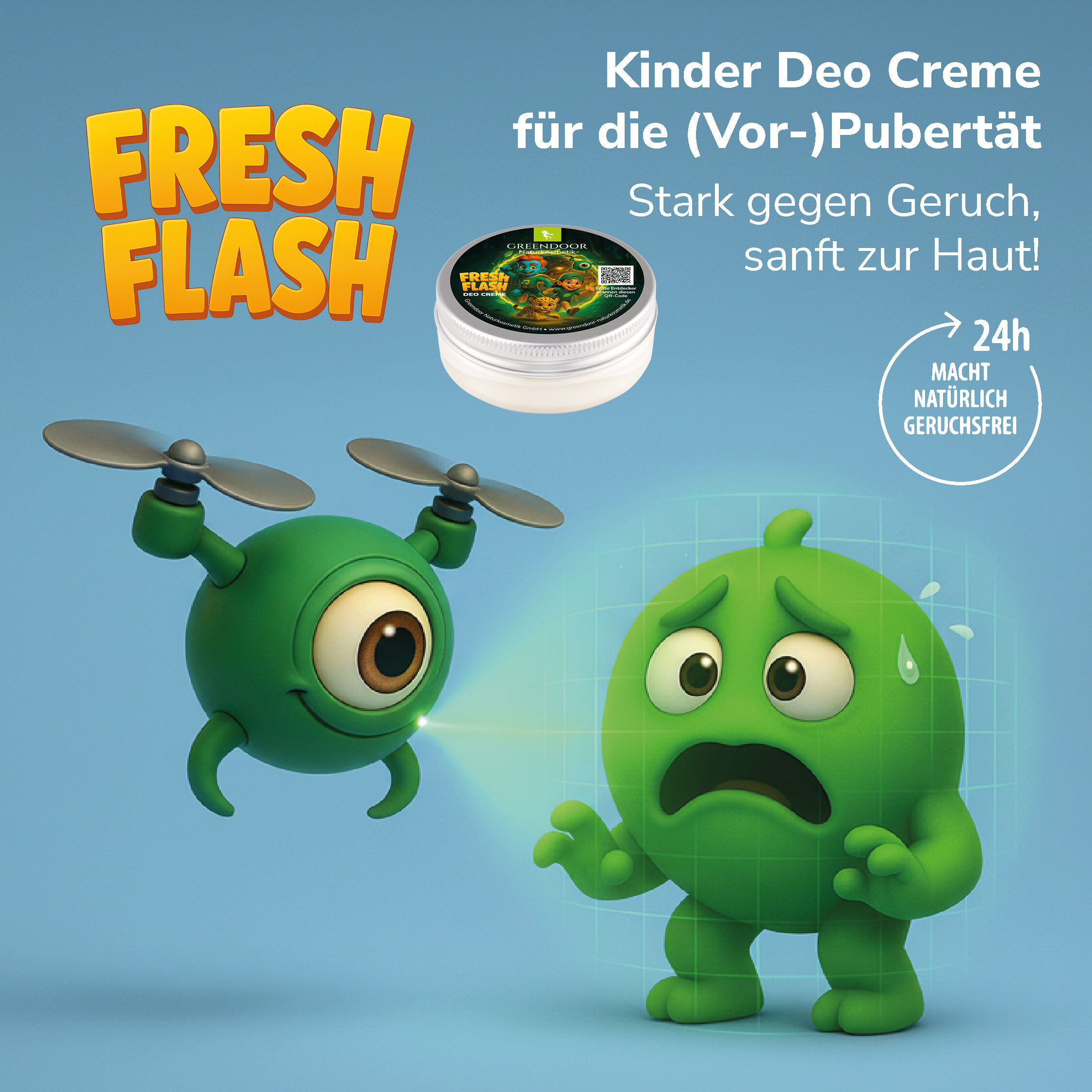 FRESH FLASH Kinder Deo Creme für die (Vor-)Pubertät Bild von FRESH FLASH Kinder Deo Creme mit grünen, animierten Figuren. Produkt wirkt stark gegen Geruch, sanft zur Haut.