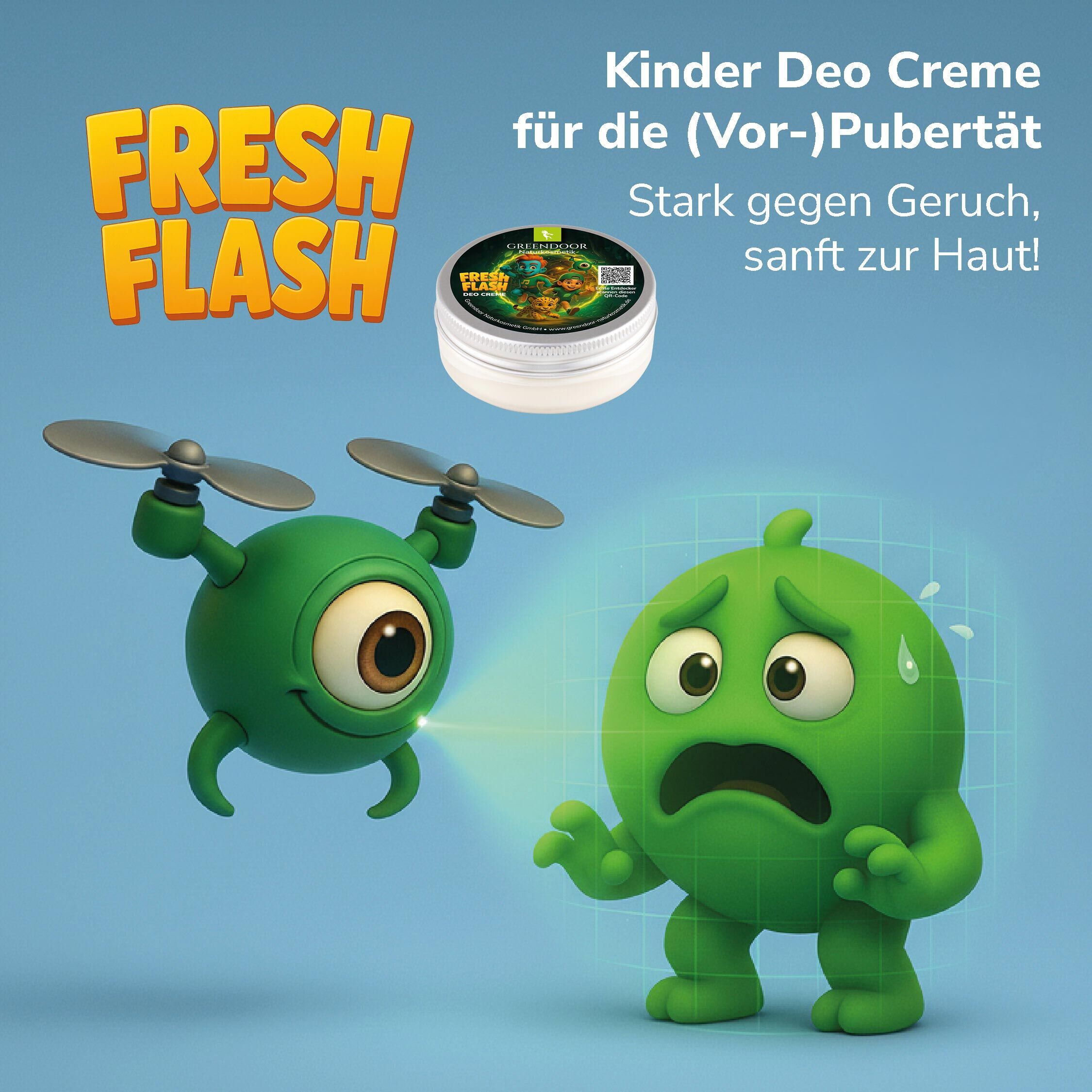 FRESH FLASH Kinder Deo Creme für die (Vor-)Pubertät Bild von FRESH FLASH Kinder Deo Creme mit grünen, animierten Figuren. Produkt wirkt stark gegen Geruch, sanft zur Haut.