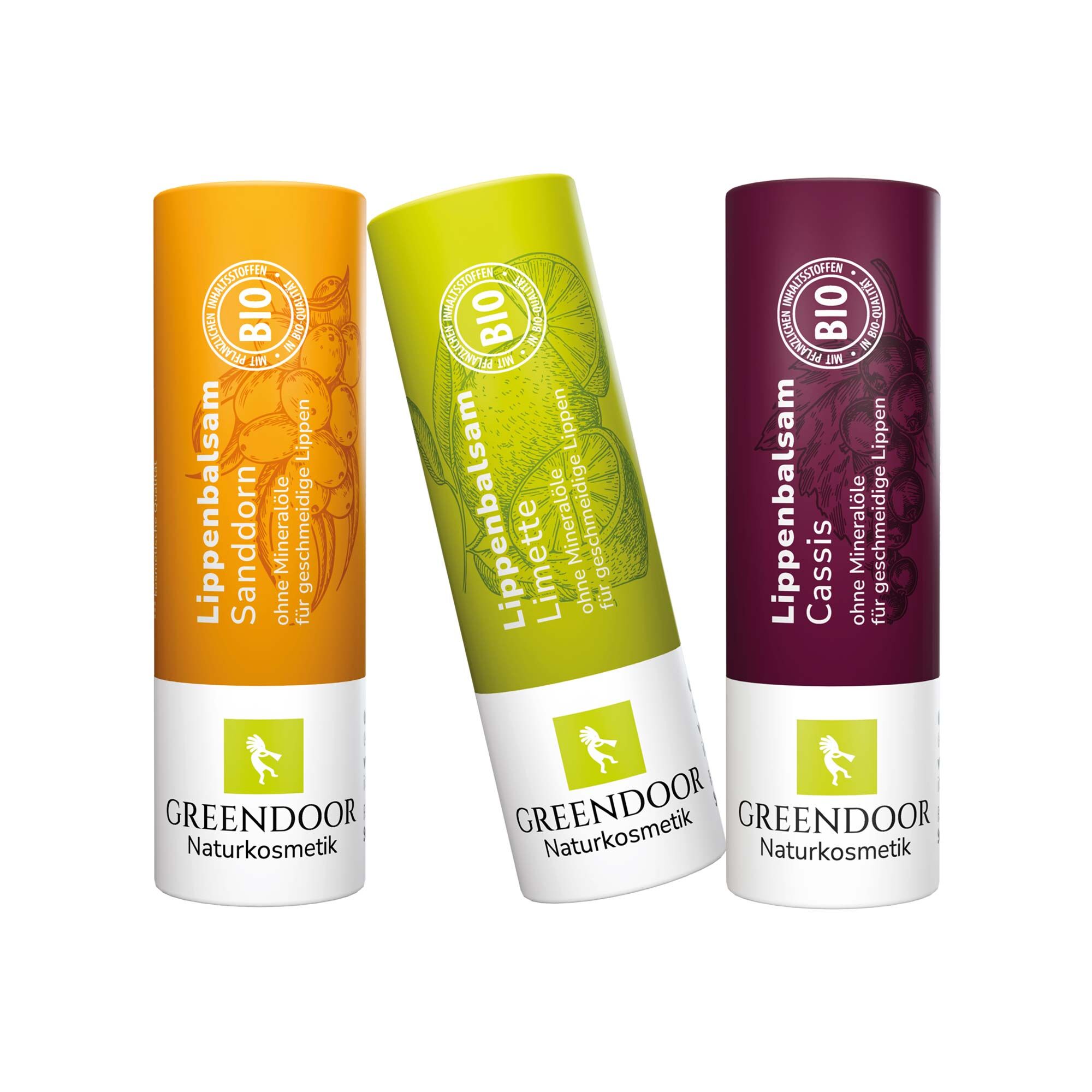 Drei Lippenbalsame in den Sorten Sanddorn, Limette und Cassis
