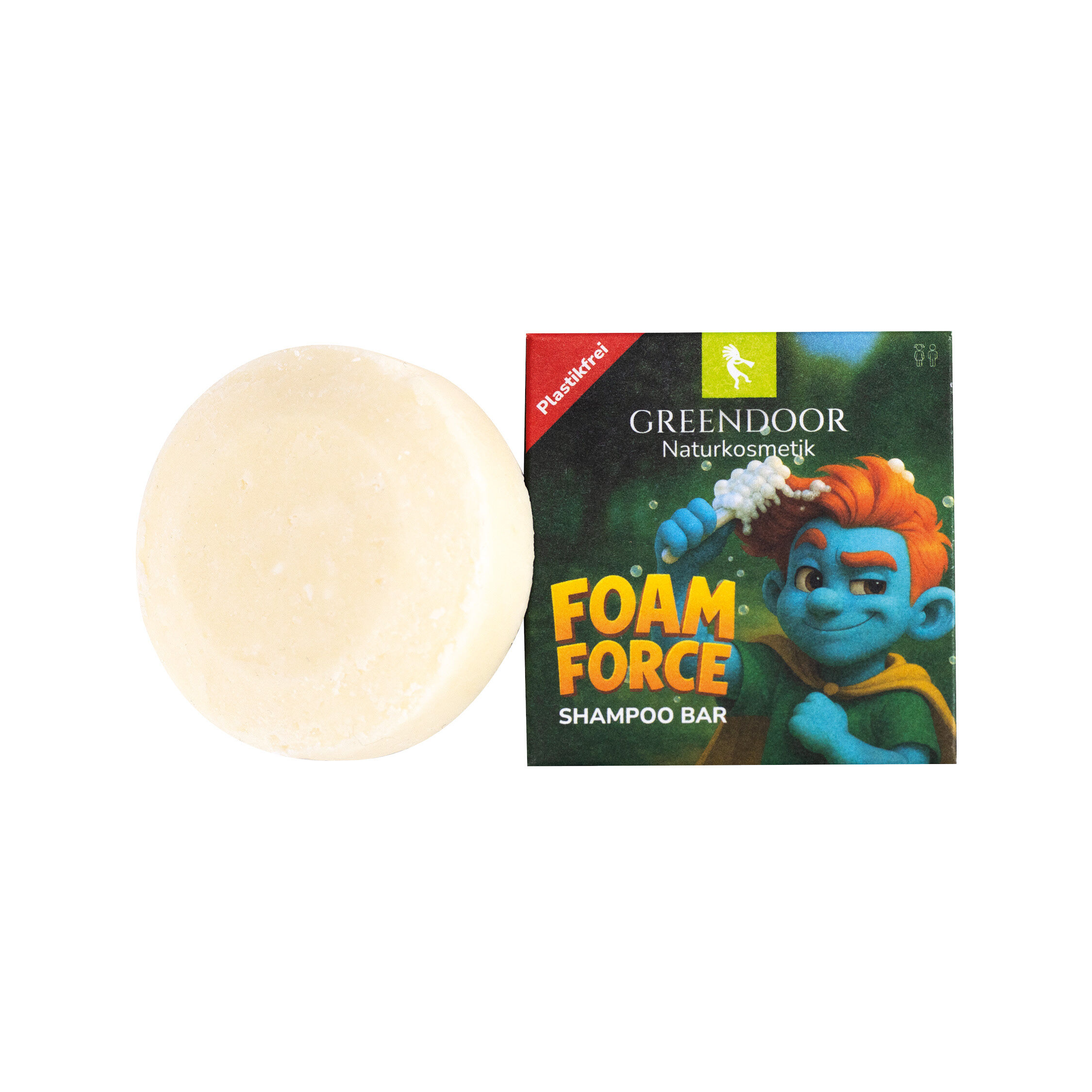 Greendoor Foam Force Shampoo Bar - Umweltfreundliche natürliche Haarpflege Greendoor Foam Force Shampoo Bar neben Verpackung mit Illustration einer Figur, plastikfrei