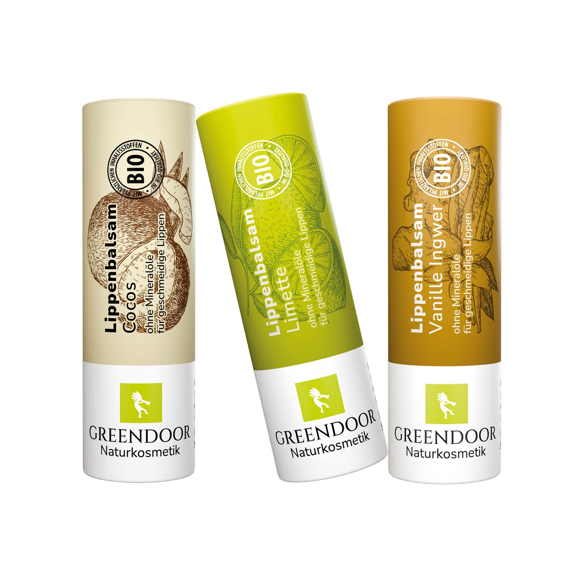 Drei Lippenbalsame in den Sorten Cocos, Limette und Vanille Ingwer
