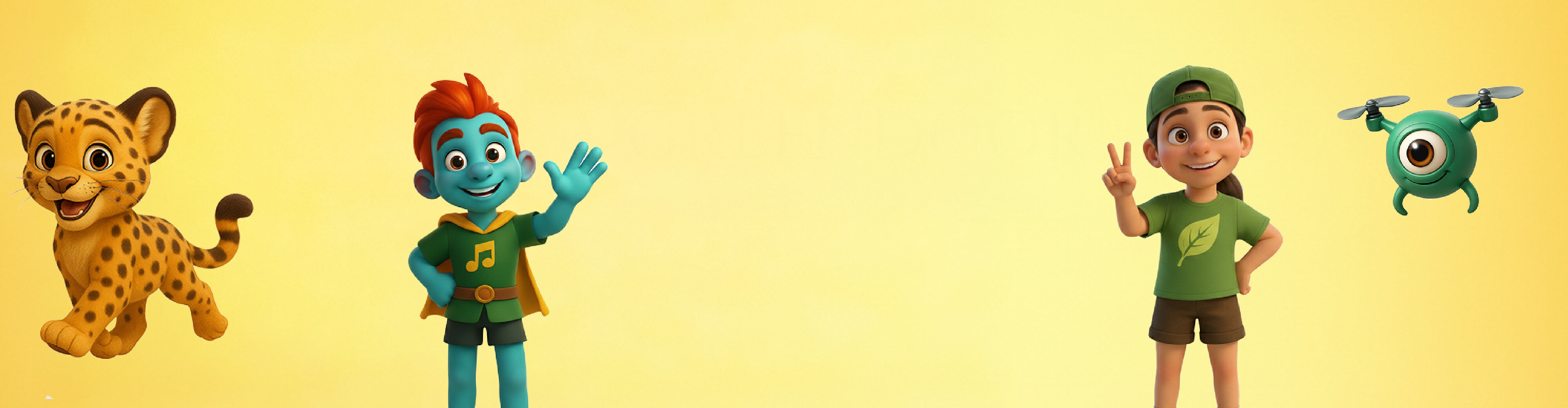 Animierte Tier- und Kinderfiguren auf gelbem Hintergrund Naturkosmetik Körperpflege für Kinder