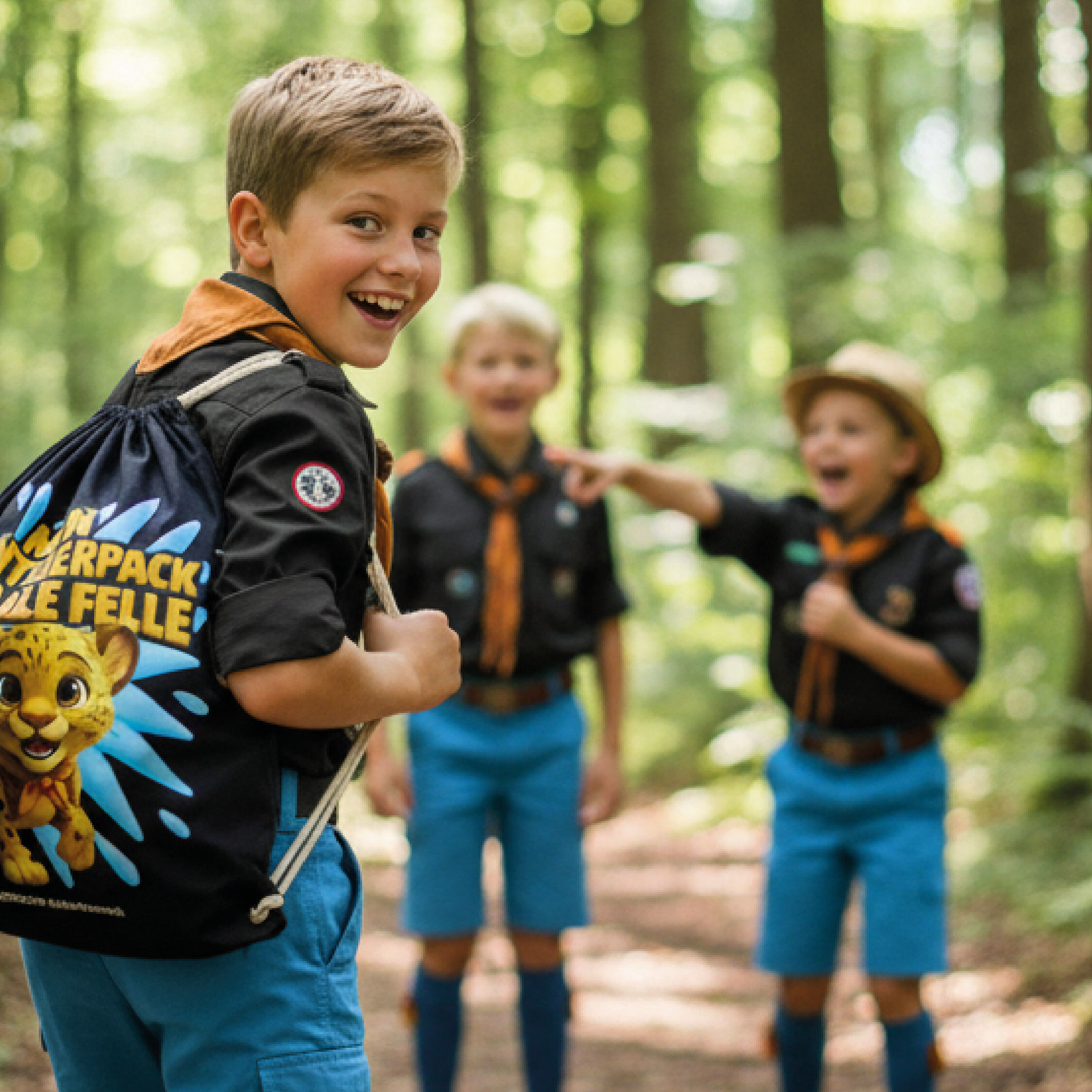 Lächelnder Junge mit einem Pfadfinder-Rucksack steht im Vordergrund, während zwei weitere Jungen im Hintergrund im Wald zu sehen sind.