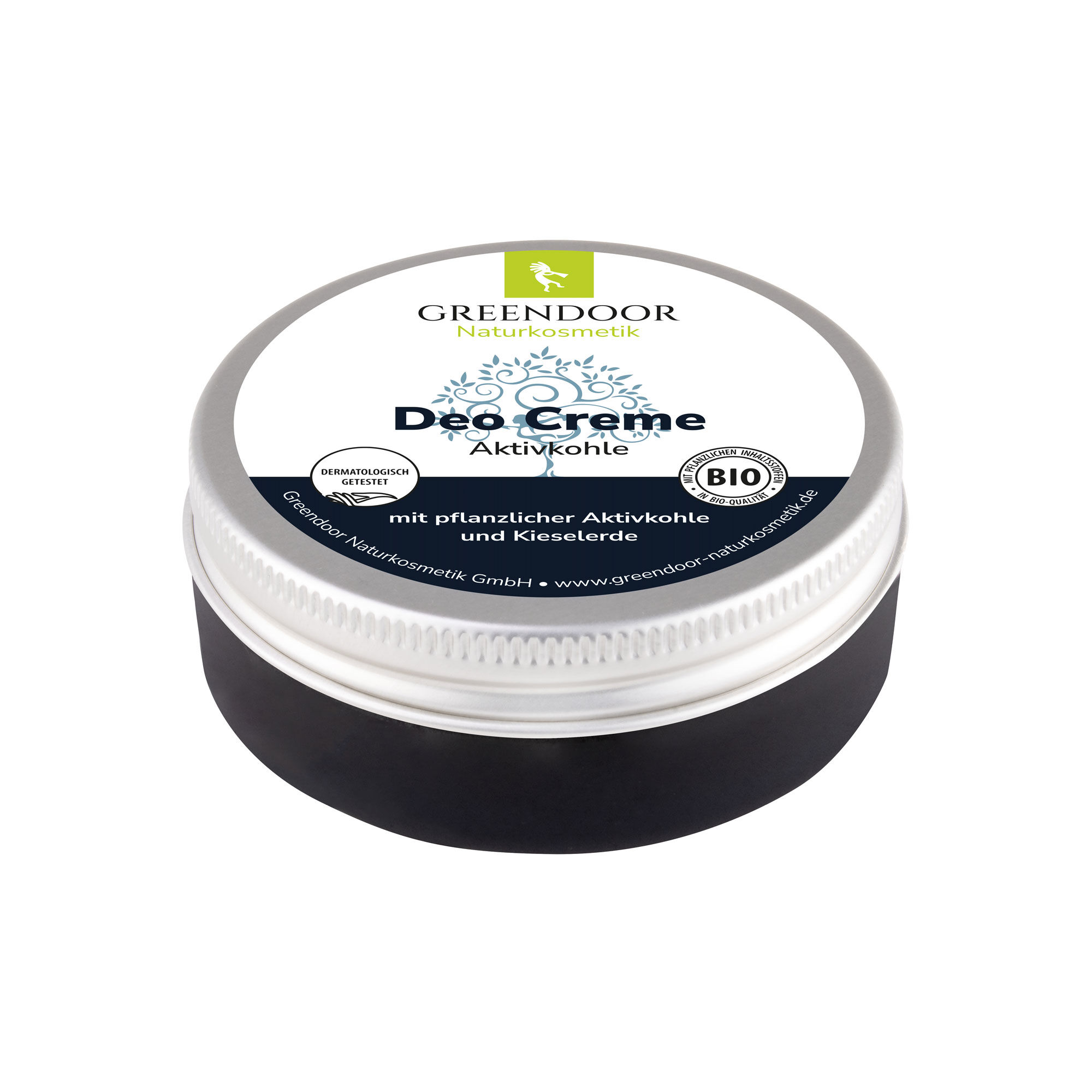 Greendoor Deo Creme mit pflanzlicher Aktivkohle und Kieselerde in einer runden Dose